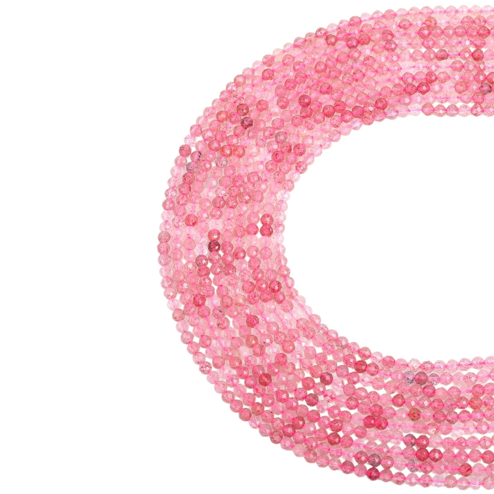 Natural strawberry quartz micro faceted beads in 2mm, 3mm, 4mm. Pink stone spacer beads for delicate bracelets and DIY jewelry making.