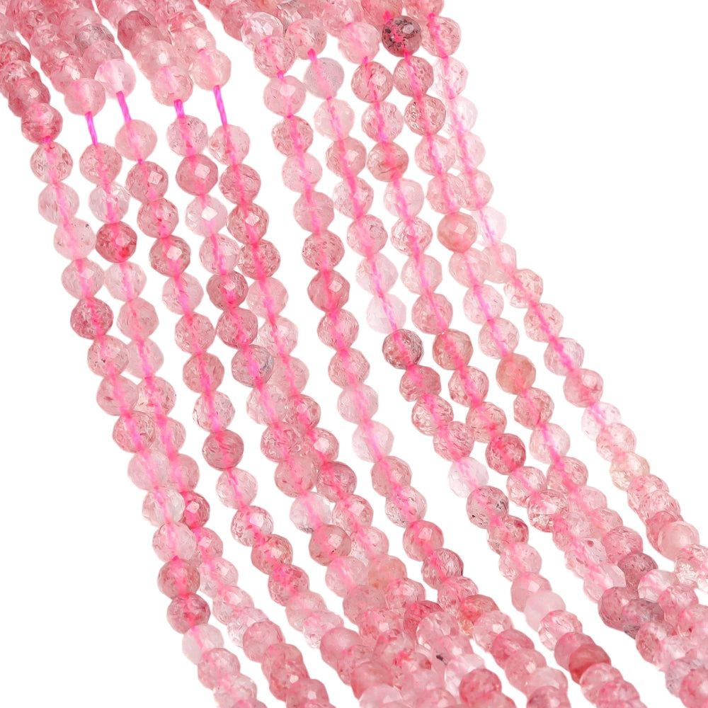 Natural strawberry quartz micro faceted beads in 2mm, 3mm, 4mm. Pink stone spacer beads for delicate bracelets and DIY jewelry making.