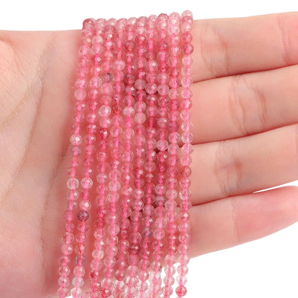 Natural strawberry quartz micro faceted beads in 2mm, 3mm, 4mm. Pink stone spacer beads for delicate bracelets and DIY jewelry making.