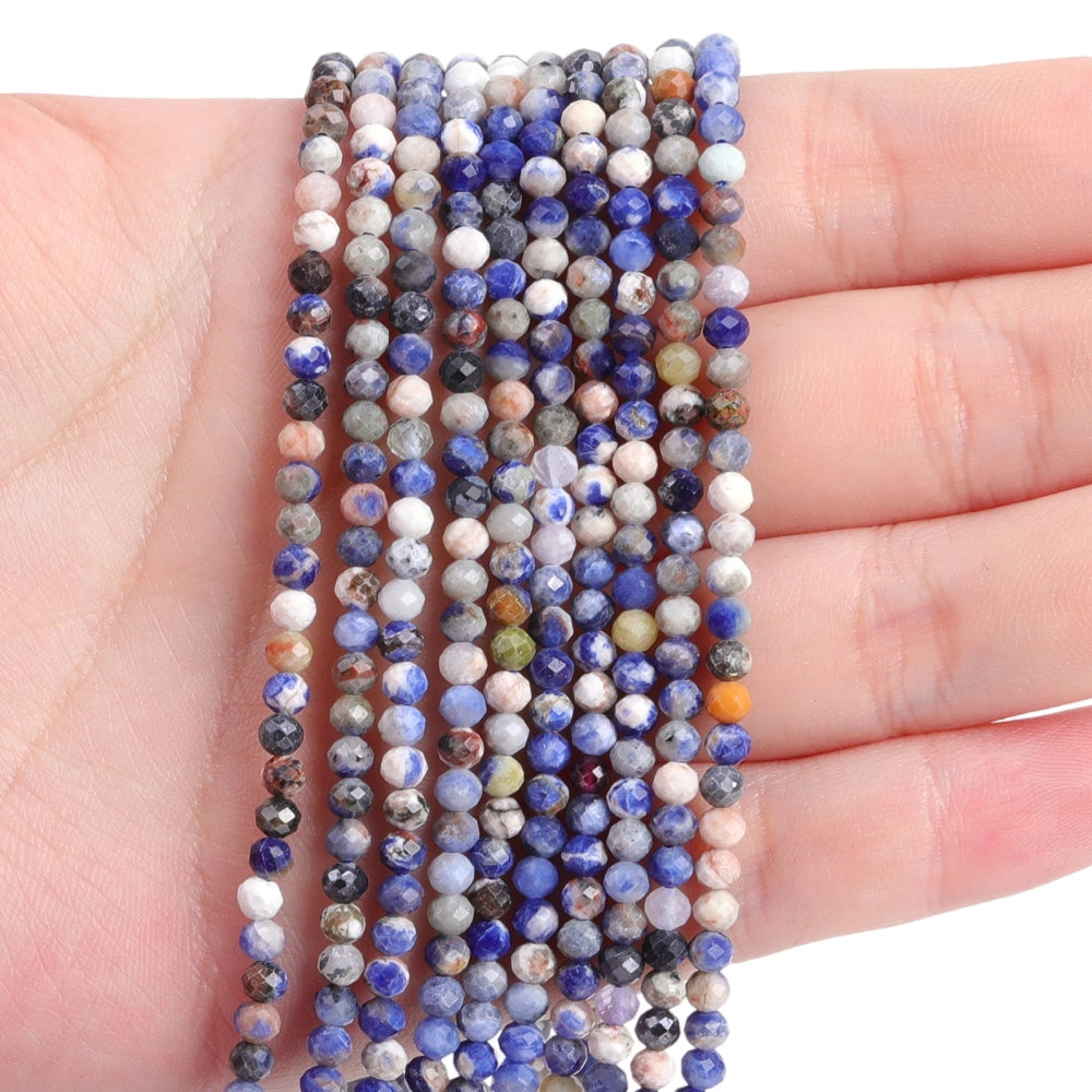 Natural sunset sodalite micro faceted beads in 2mm, 3mm, 4mm. Blue orange stone spacer beads for delicate bracelets and DIY jewelry making