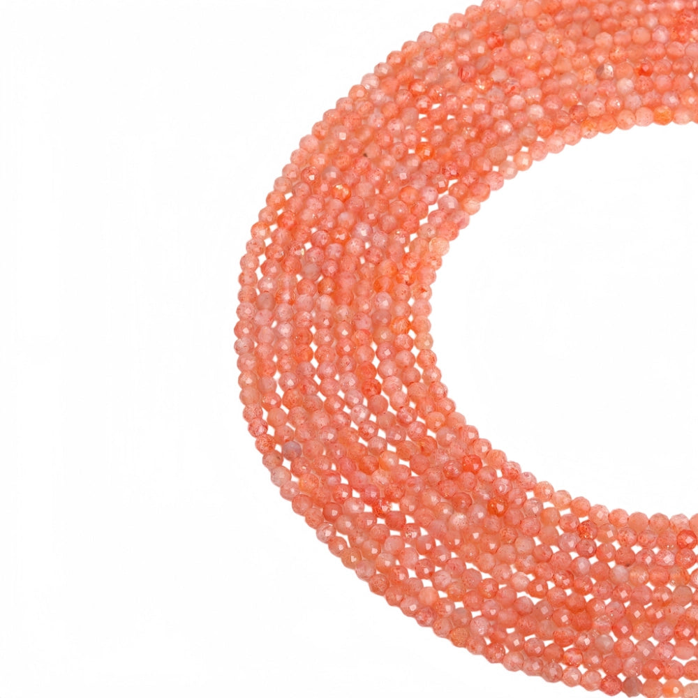 Natural sunstone micro faceted beads in 2mm, 3mm, 4mm. Vivid orange-red stone spacer beads for delicate bracelets and DIY jewelry making