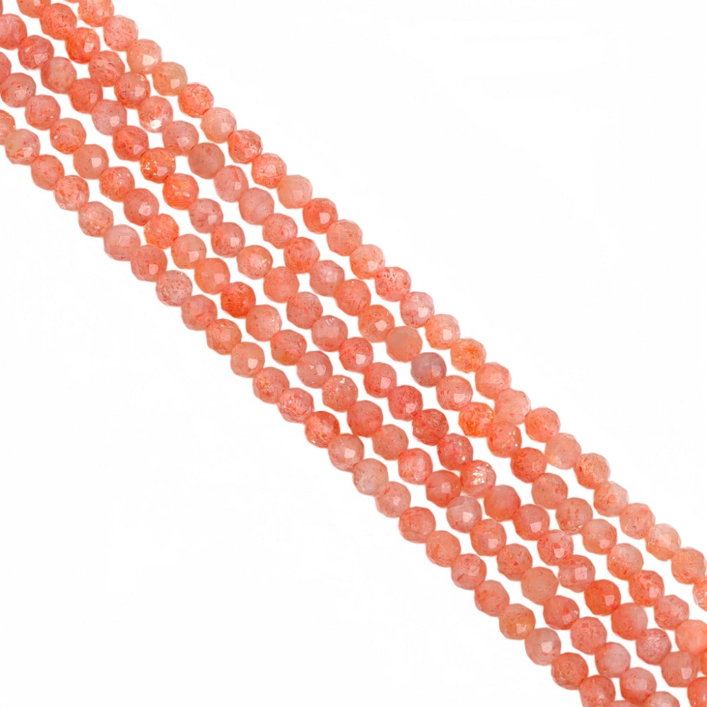 Natural sunstone micro faceted beads in 2mm, 3mm, 4mm. Vivid orange-red stone spacer beads for delicate bracelets and DIY jewelry making