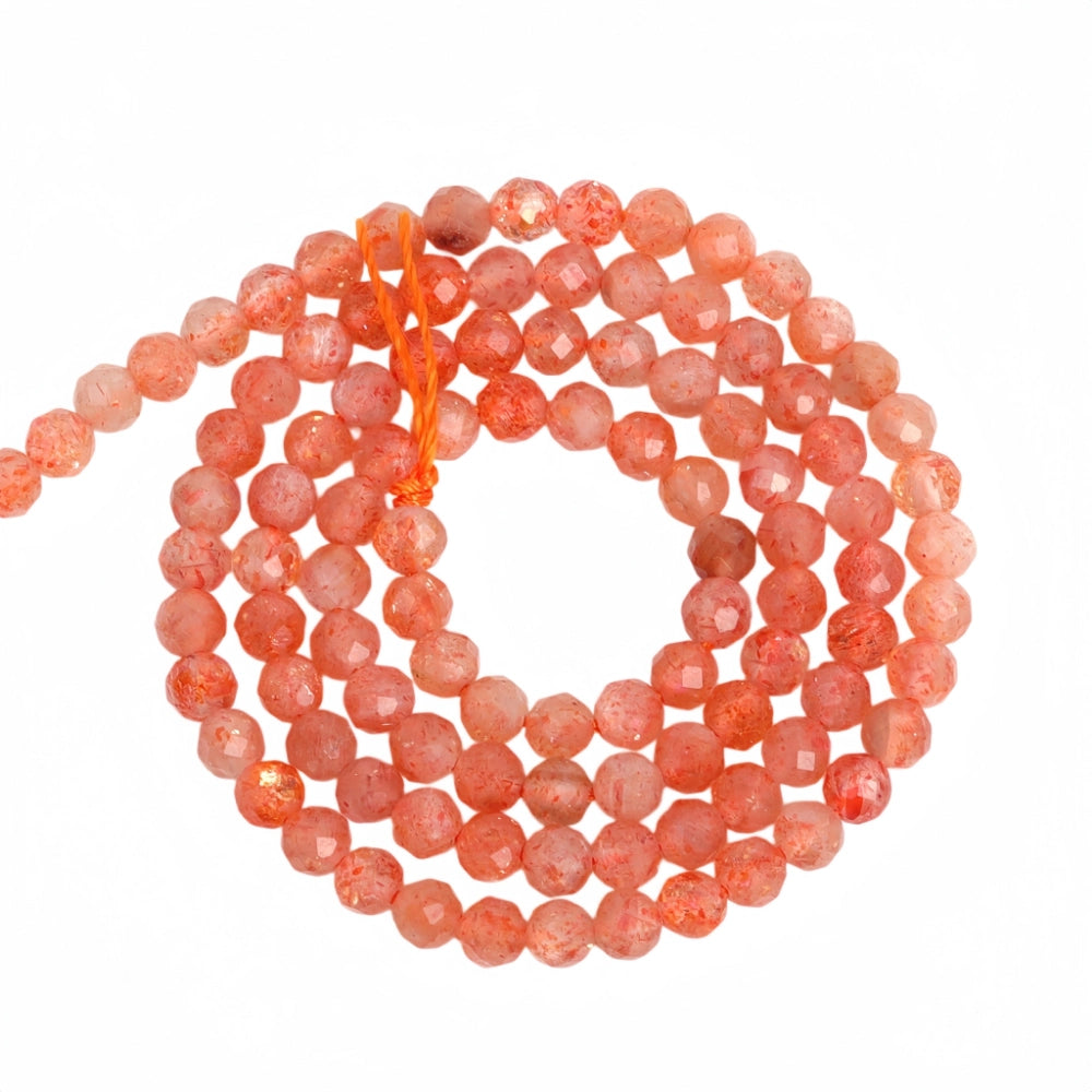 Natural sunstone micro faceted beads in 2mm, 3mm, 4mm. Vivid orange-red stone spacer beads for delicate bracelets and DIY jewelry making