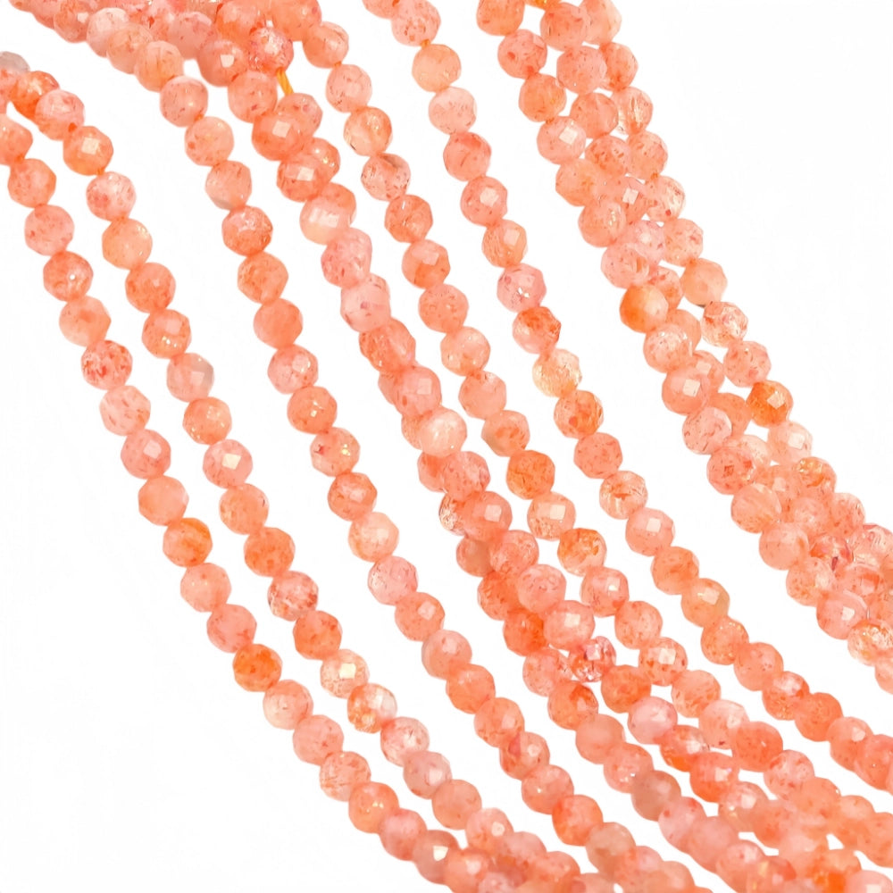 Natural sunstone micro faceted beads in 2mm, 3mm, 4mm. Vivid orange-red stone spacer beads for delicate bracelets and DIY jewelry making