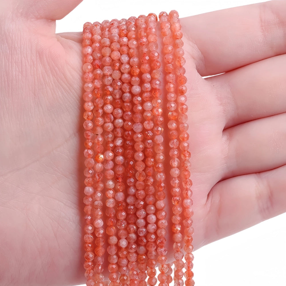 Natural sunstone micro faceted beads in 2mm, 3mm, 4mm. Vivid orange-red stone spacer beads for delicate bracelets and DIY jewelry making