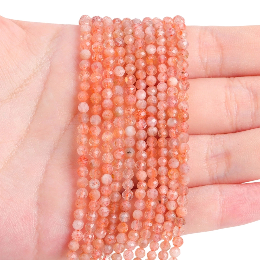 Natural sunstone micro faceted beads in 2mm, 3mm, 4mm. Orange shimmer stone spacer beads for delicate bracelets and DIY jewelry making