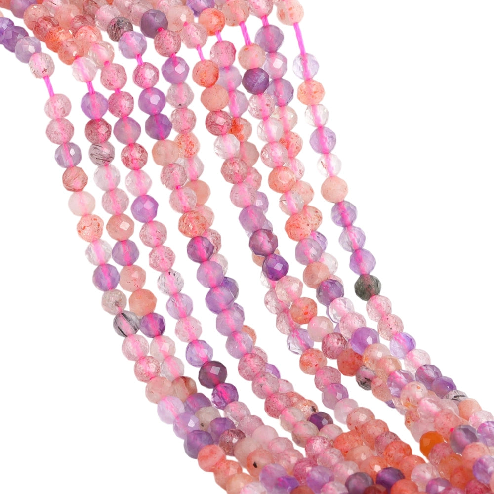Natural super seven micro faceted beads in 2mm, 3mm, 4mm. Also known as Melody's Stone, multi-color spacer beads for delicate bracelets and DIY jewelry making