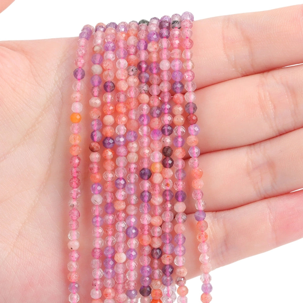 Natural super seven micro faceted beads in 2mm, 3mm, 4mm. Also known as Melody's Stone, multi-color spacer beads for delicate bracelets and DIY jewelry making