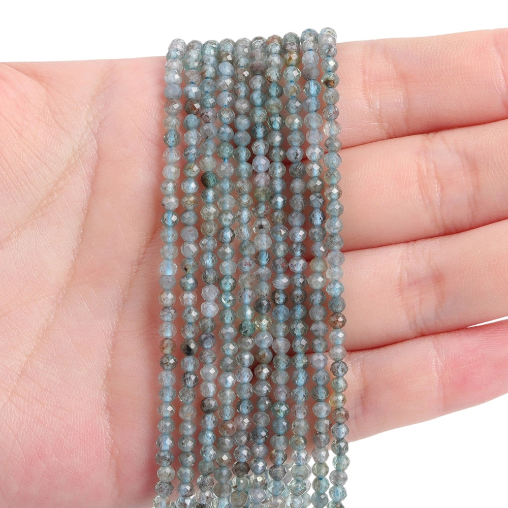 Natural teal blue apatite micro faceted beads in 2mm, 3mm, 4mm. Blue green stone spacer beads for delicate bracelets and DIY jewelry making