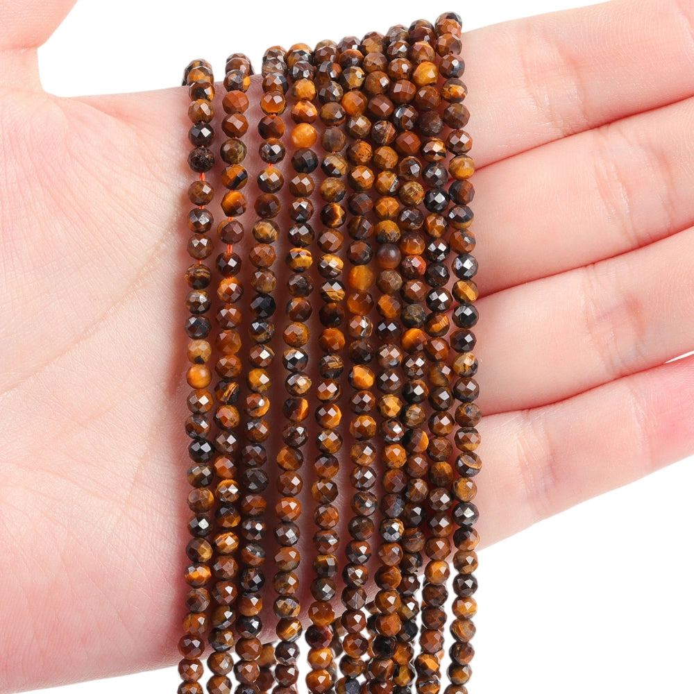 Natural tiger eye micro faceted beads in 2mm, 3mm, 4mm. Golden brown stone spacer beads for delicate bracelets and DIY jewelry making