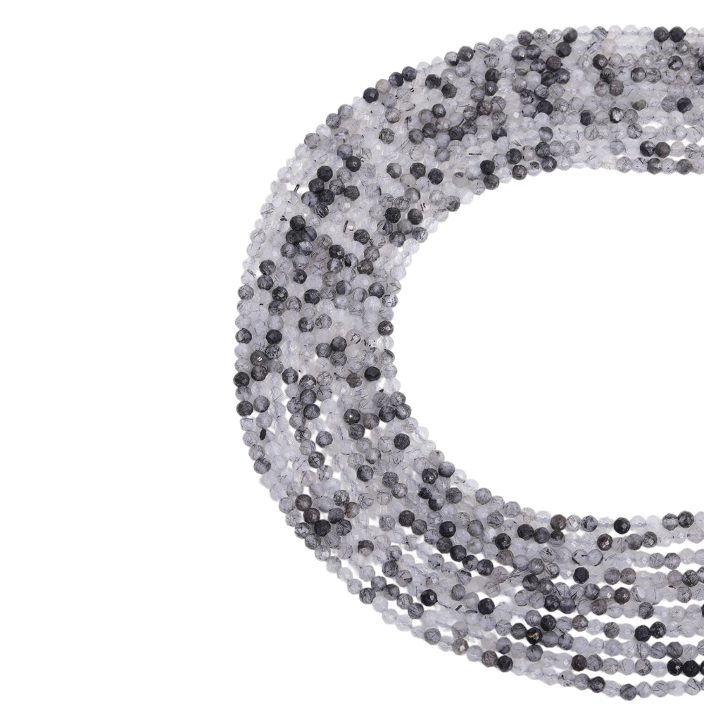 Natural tourmalinated quartz micro faceted beads in 2mm, 3mm, 4mm. Black rutilated quartz stone spacer beads for delicate bracelets and DIY jewelry making