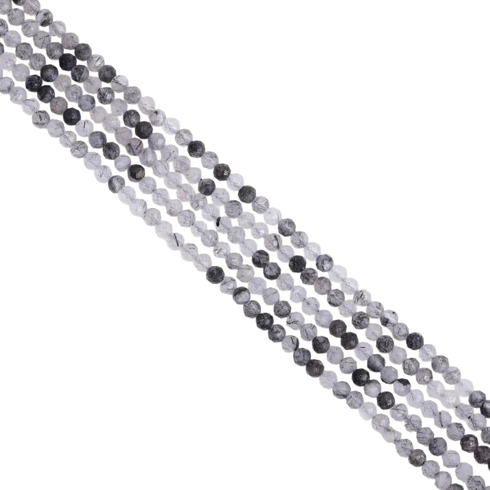 Natural tourmalinated quartz micro faceted beads in 2mm, 3mm, 4mm. Black rutilated quartz stone spacer beads for delicate bracelets and DIY jewelry making