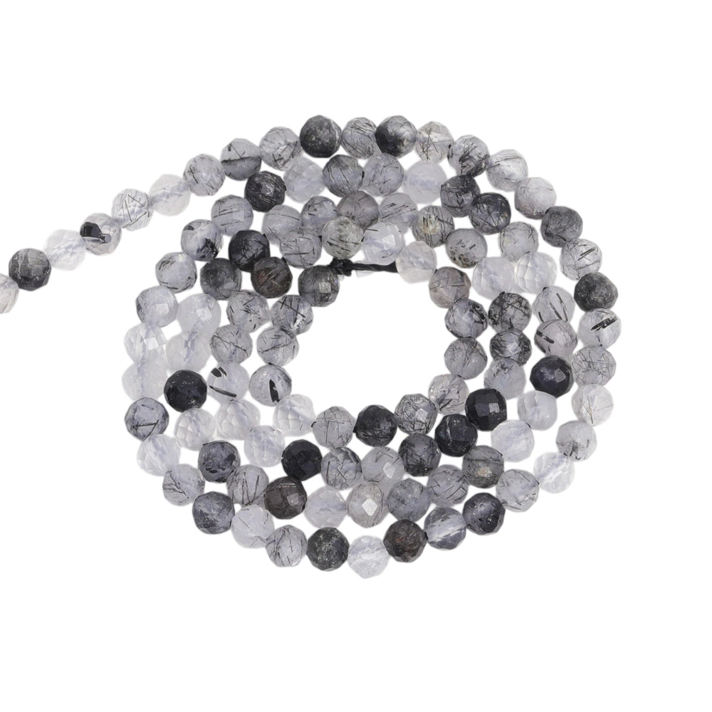 Natural tourmalinated quartz micro faceted beads in 2mm, 3mm, 4mm. Black rutilated quartz stone spacer beads for delicate bracelets and DIY jewelry making