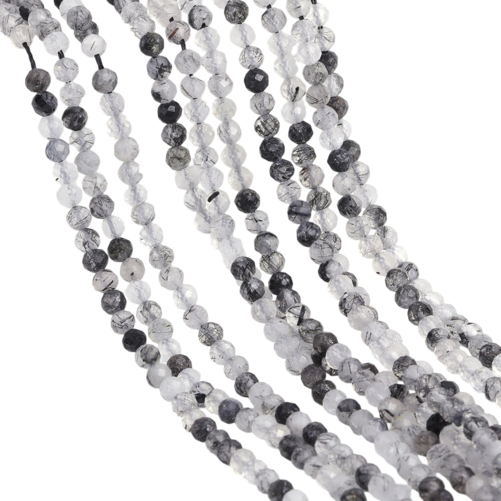 Natural tourmalinated quartz micro faceted beads in 2mm, 3mm, 4mm. Black rutilated quartz stone spacer beads for delicate bracelets and DIY jewelry making