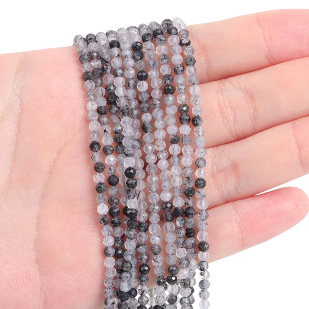 Natural tourmalinated quartz micro faceted beads in 2mm, 3mm, 4mm. Black rutilated quartz stone spacer beads for delicate bracelets and DIY jewelry making