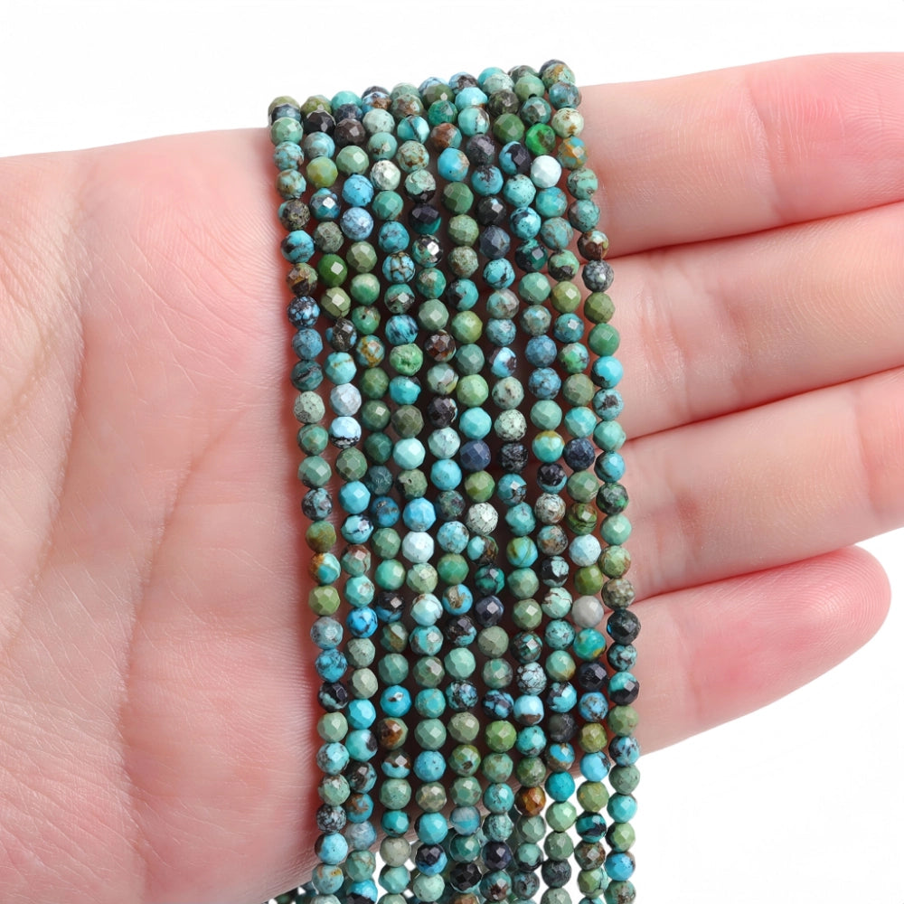 Natural turquoise micro faceted beads in 2mm, 3mm, 4mm. Blue-green stone spacer beads for delicate bracelets and DIY jewelry making