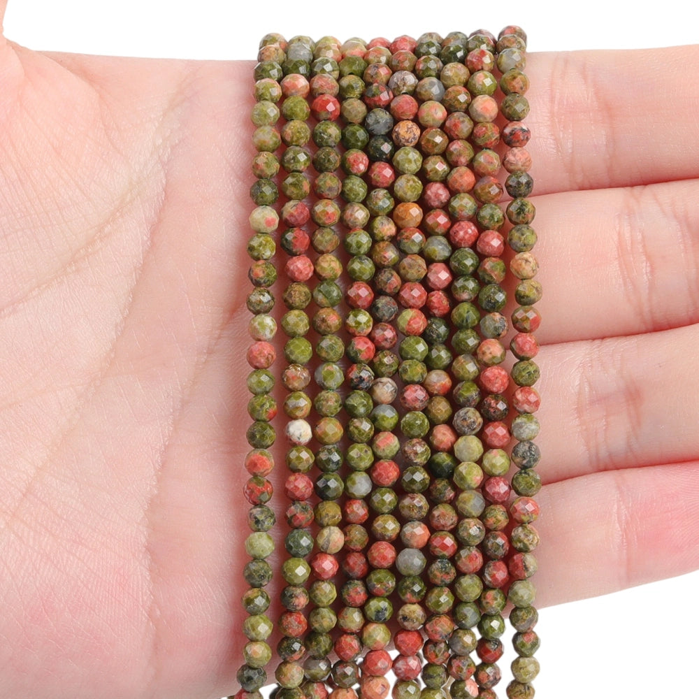 Natural unakite micro faceted beads in 2mm, 3mm, 4mm. Green and pink stone spacer beads for delicate bracelets and DIY jewelry making