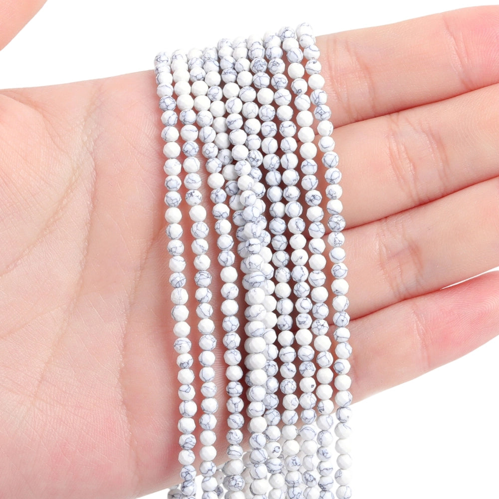 Natural white howlite micro faceted beads in 2mm, 3mm, 4mm. White and black matrix stone spacer beads for delicate bracelets and DIY jewelry making