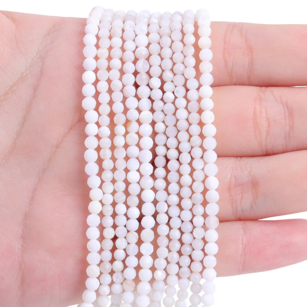 Natural white shell micro faceted beads in 2mm, 3mm, 4mm. Milky white stone spacer beads for delicate bracelets and DIY jewelry making