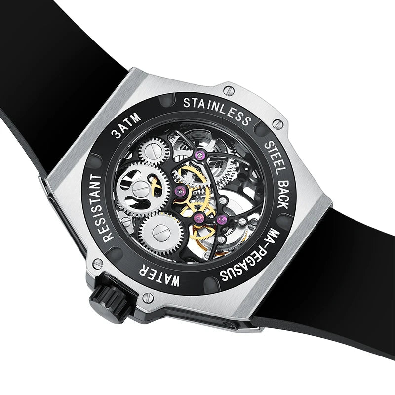 Detailed close-up of open-worked skeleton dial showcasing mechanical tourbillon movement