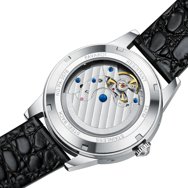 Transparent panoramic exhibition case back showing automatic mechanical movement with blue screws