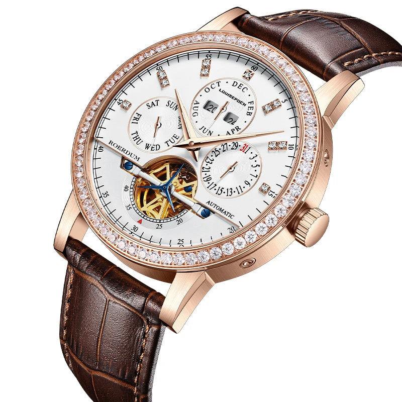 Angled detail shot of rose gold diamond watch highlighting crown, open-heart dial, and calendar sub-dials