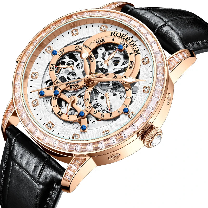 Close-up angled view of rose gold diamond watch showing intricate skeleton dial and blue steel screws