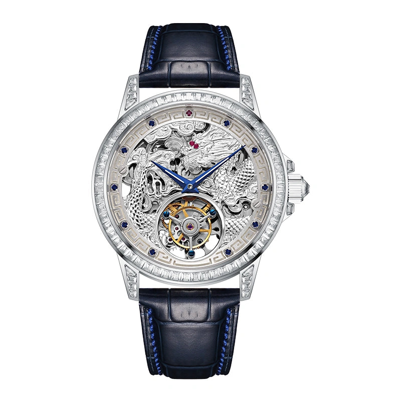 Luxury men's rose gold automatic watch featuring a golden dragon skeleton dial and brown leather strap