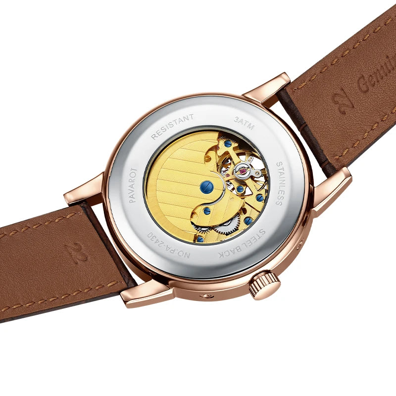 Transparent exhibition case back revealing gold-toned automatic movement rotor and brown leather strap