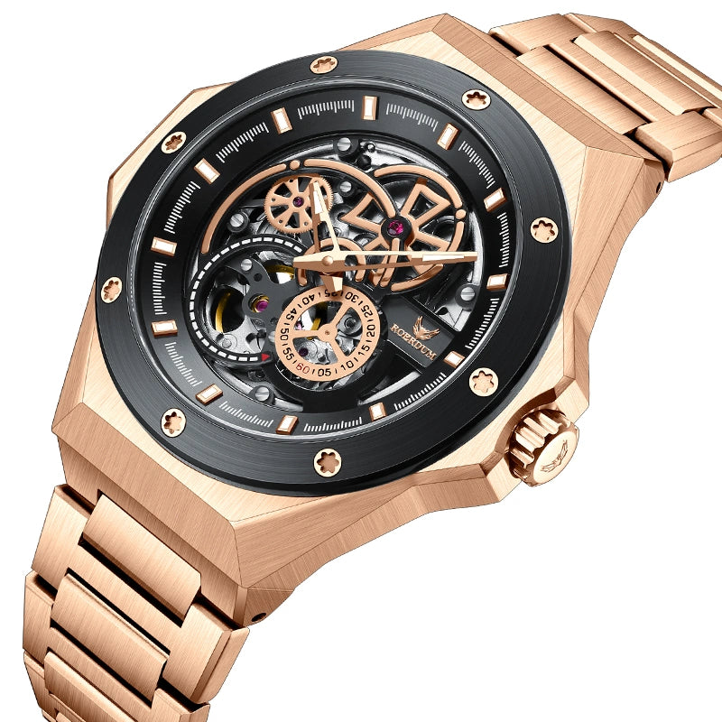Angled close-up view of men's rose gold mechanical watch showing hollow dial gears and crown