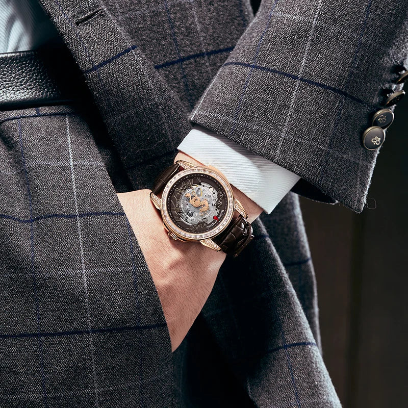Scratch-resistant synthetic sapphire crystal dial showing automatic skeleton movement and dragon detail
