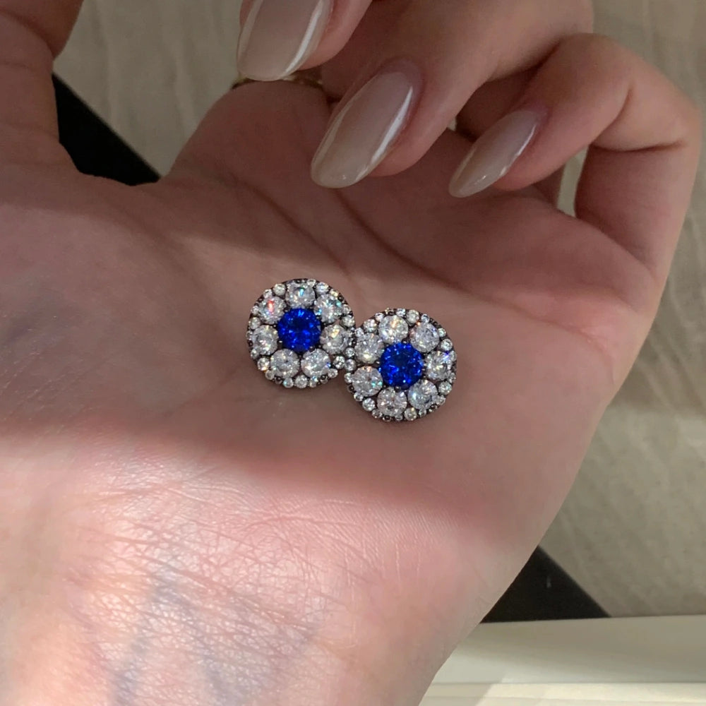 Everyday wear styling of royal blue cluster stud earrings, perfect light luxury jewelry for women