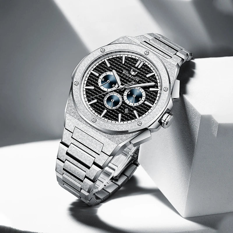 Men's Royal Jazz automatic watch featuring a diamond-paved octagonal bezel frosted star dust steel finish black waffle dial
