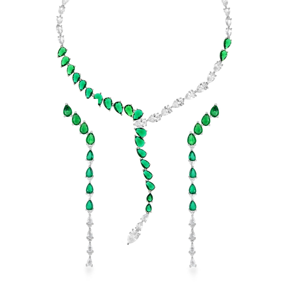 Sapphire blue and emerald green cubic zirconia jewelry set with silver-tone finish. Includes Y-necklace and dangle earrings for weddings and formal wear