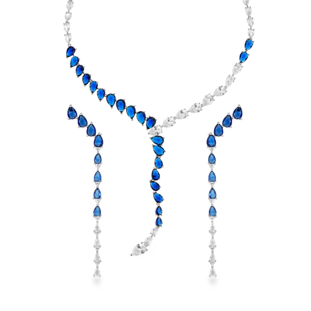 Sapphire blue and emerald green cubic zirconia jewelry set with silver-tone finish. Includes Y-necklace and dangle earrings for weddings and formal wear
