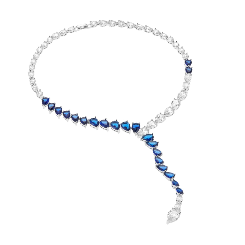 Sapphire blue and emerald green cubic zirconia jewelry set with silver-tone finish. Includes Y-necklace and dangle earrings for weddings and formal wear