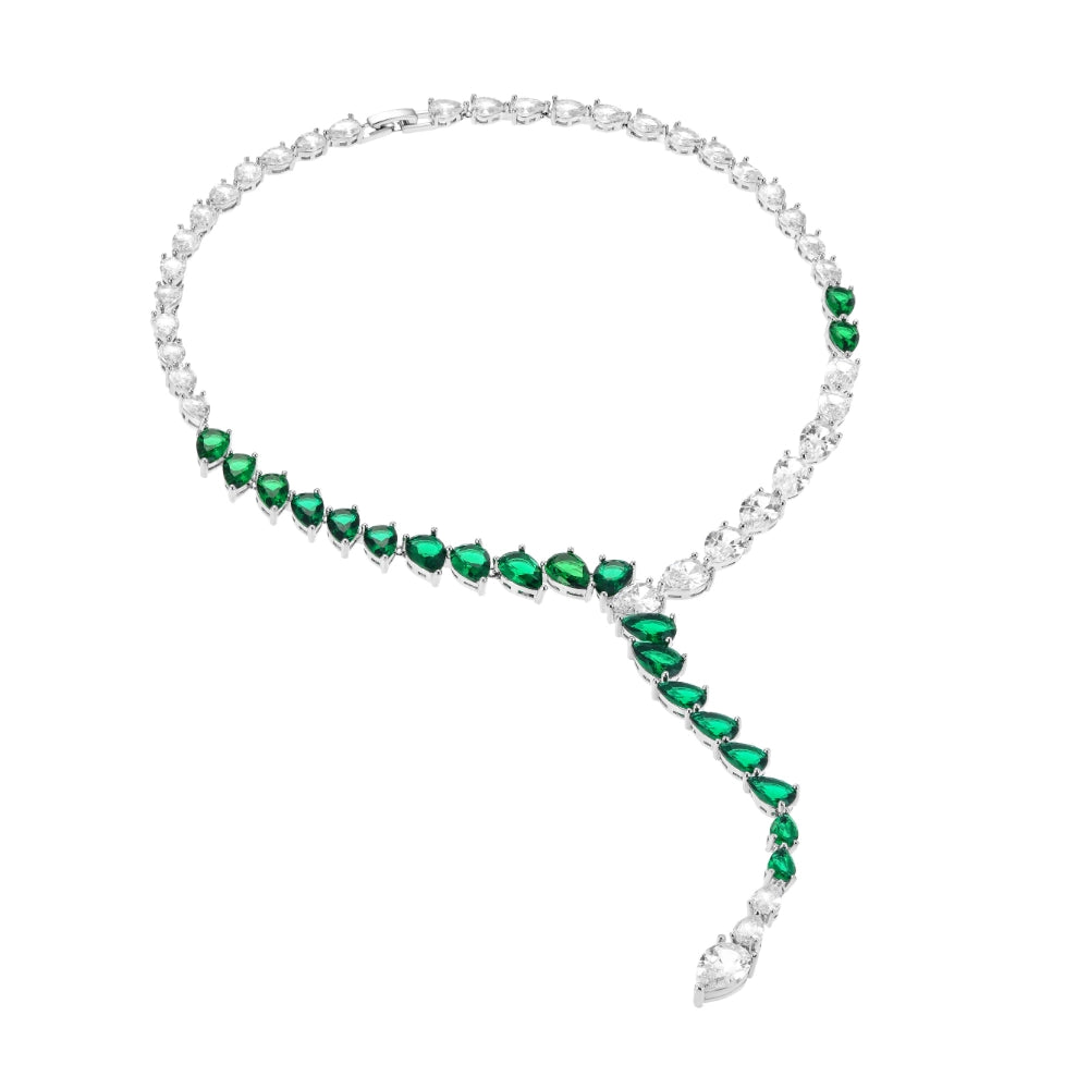 Sapphire blue and emerald green cubic zirconia jewelry set with silver-tone finish. Includes Y-necklace and dangle earrings for weddings and formal wear