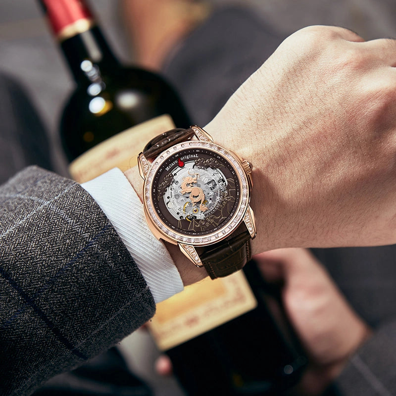 Self-winding automatic mechanical movement watch with see-through skeleton dial