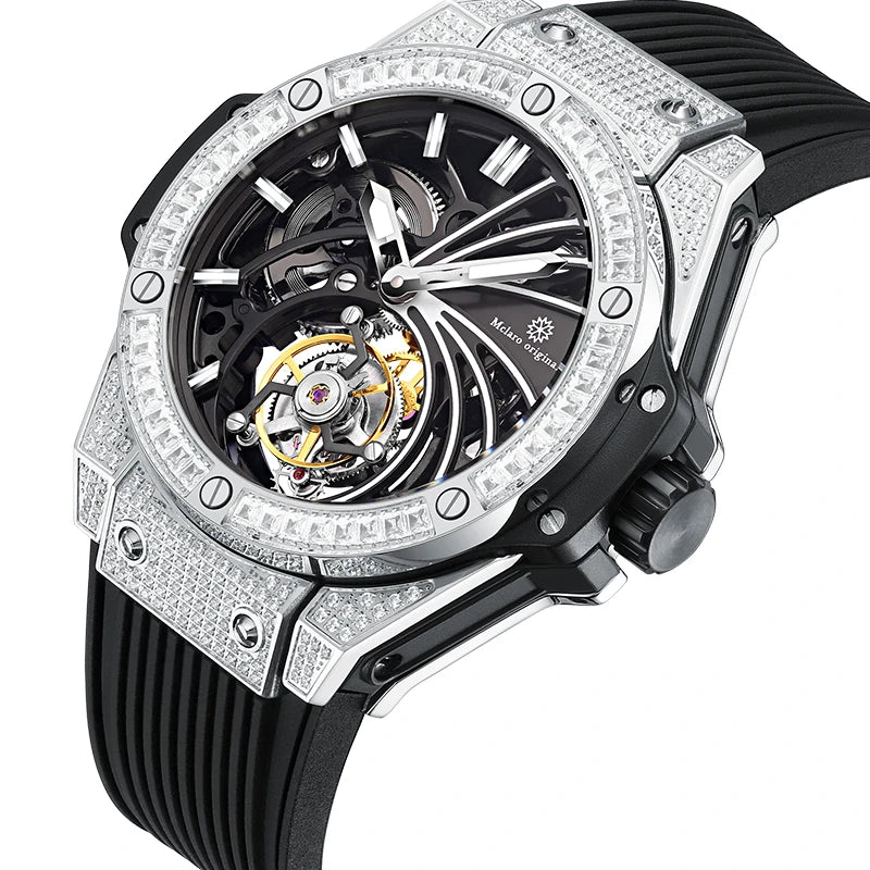 Men's skeleton tourbillon mechanical watch with full iced-out diamond bezel and black rubber strap