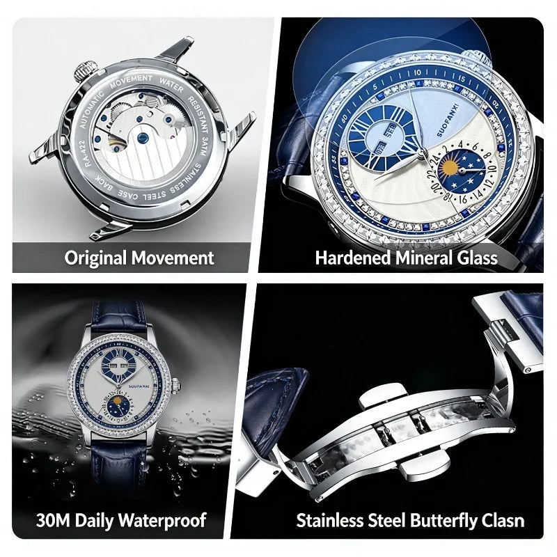 Side view showing the polished watch case and blue stone crown detail