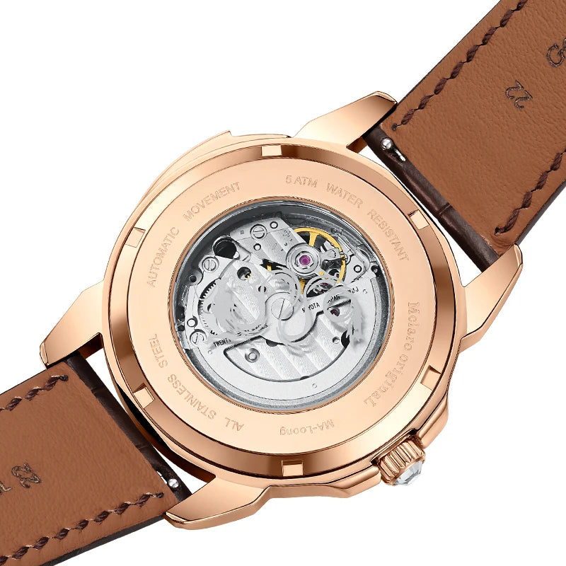 Multi-layered stainless steel watch case construction with protective crown design