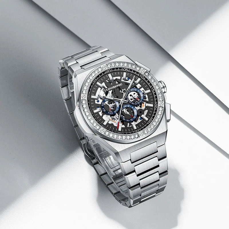 Side profile showcasing the polished stainless steel case and crown of the diamond skeleton watch