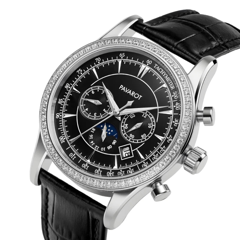 Side profile view of polished stainless steel watch case showing crown and chronograph pushers