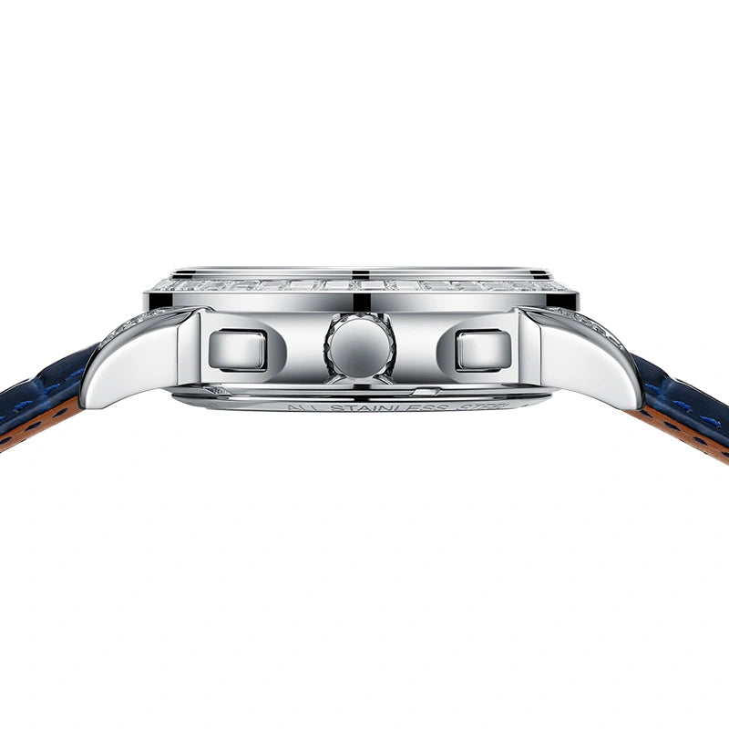 Side profile view of watch showing polished stainless steel case and pushers
