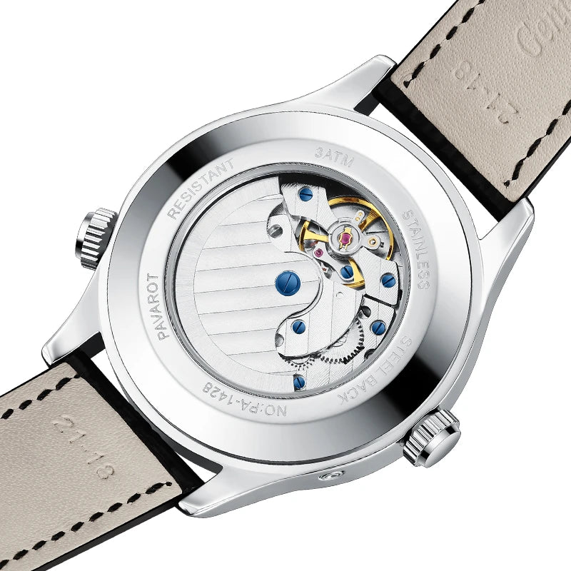 Transparent panoramic exhibition case back showing 21-jewel automatic movement with blue steel screws