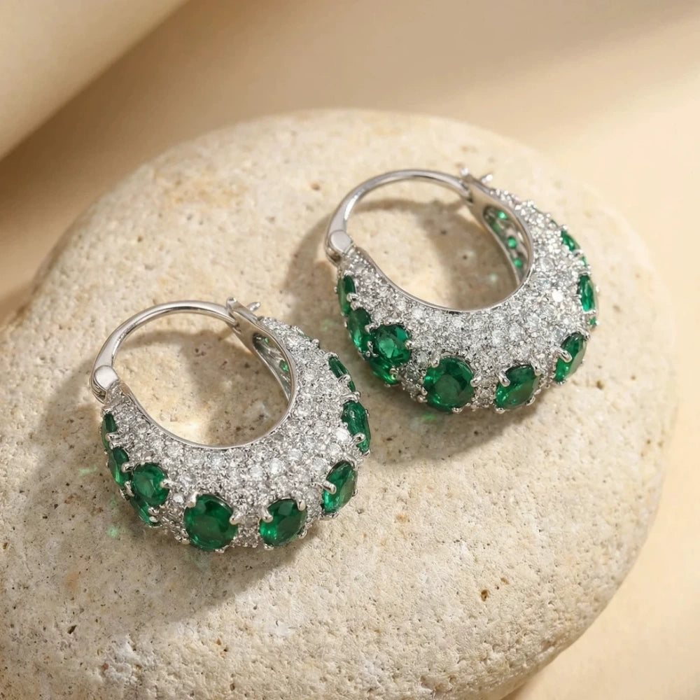 Vintage emerald green cubic zirconia hoop earrings with silver-plated copper. Sparkling dangle earrings for weddings and formal occasions