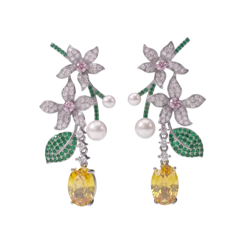Vintage floral yellow cubic zirconia and pearl drop earrings with silver-plated copper. Sparkling dangle earrings for weddings and formal occasions