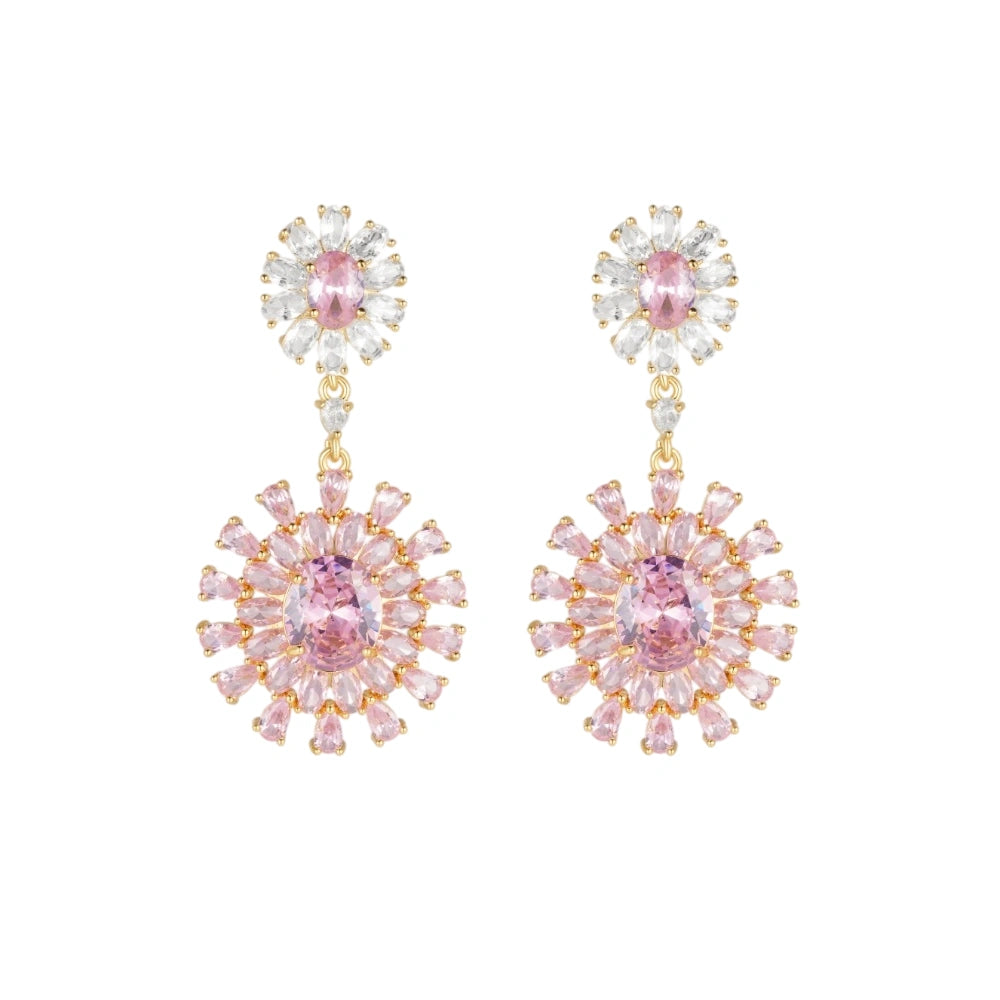 Vintage pink cubic zirconia flower drop earrings with gold-plated copper. Sparkling dangle earrings for weddings and formal occasions

