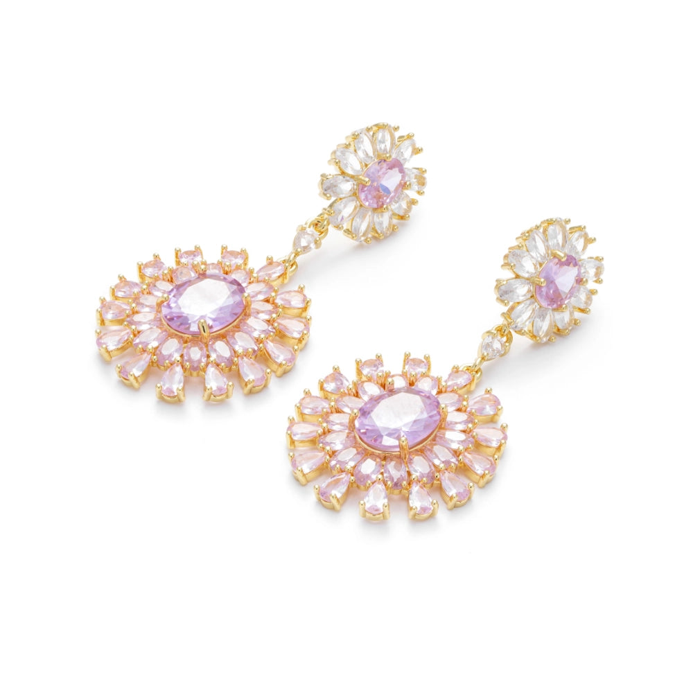 Vintage pink cubic zirconia flower drop earrings with gold-plated copper. Sparkling dangle earrings for weddings and formal occasions