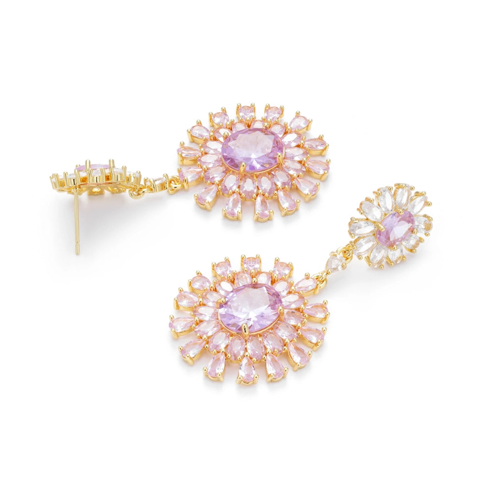 Vintage pink cubic zirconia flower drop earrings with gold-plated copper. Sparkling dangle earrings for weddings and formal occasions